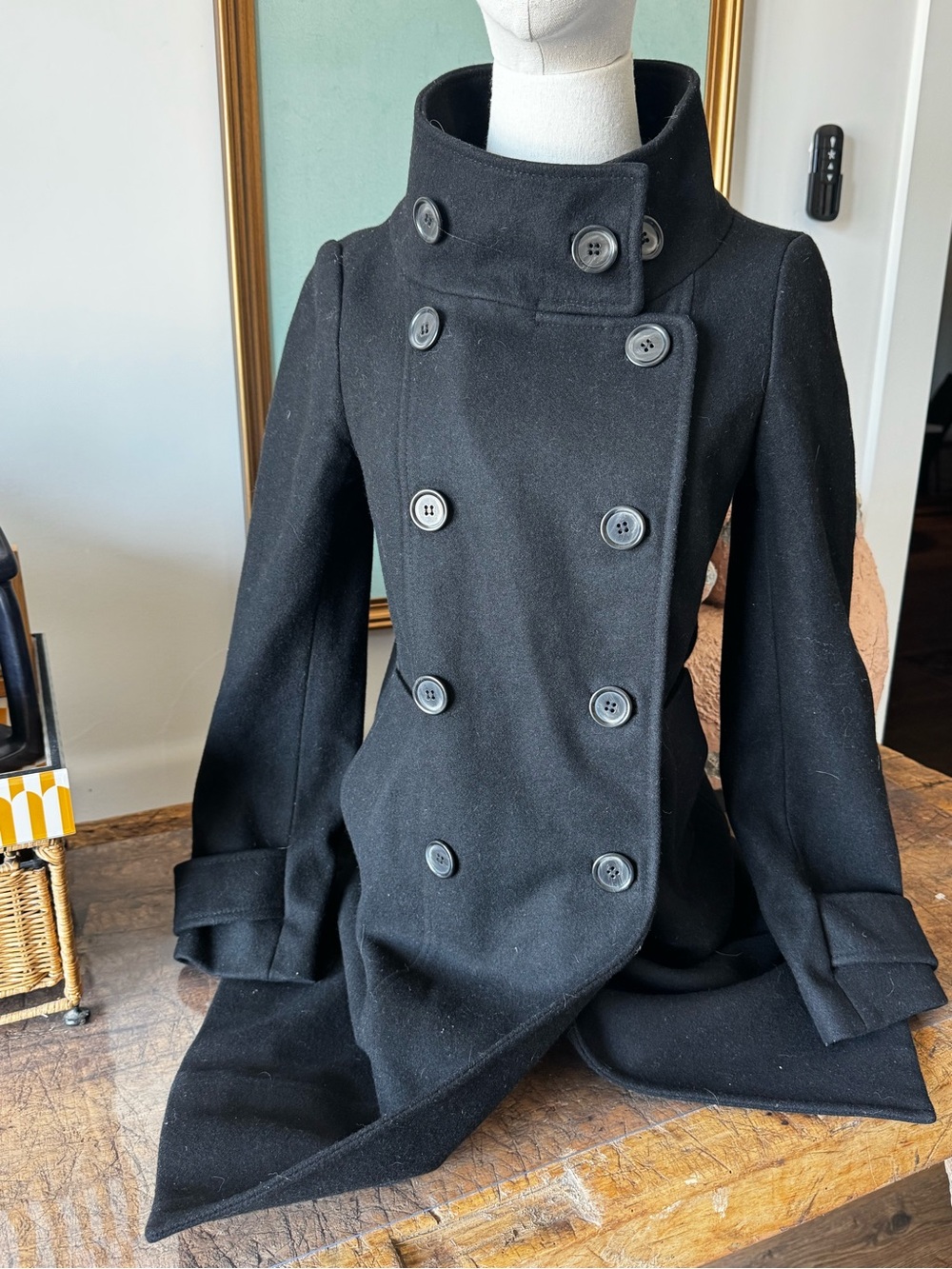 Y2K French Connection Women's Double-Breasted Black Wool Coat Cashmere